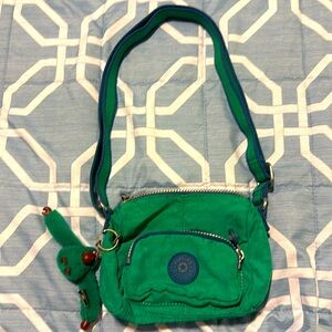 Vintage Kipling Green/Blue Mini Crossbody Purse. Pre loved condition